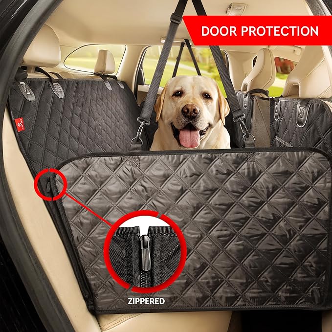 Helteko Back Seat Extender for Dogs, Premium Car Seat Cover with Hard Bottom Plates, Waterproof Backseat Protector, Mesh Window and 2 Storage Pockets, Hammock Travel Bed for Crew Cab and Full Trucks