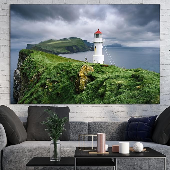 Nature Wall Art Prints - Ocean Forest Mountain Lake Canvas Landscapes - Small to Extra Large Living Room Bedroom Kitchen Bathroom Décor (Stormy Sky Lighthouse, 20L" x 30W")