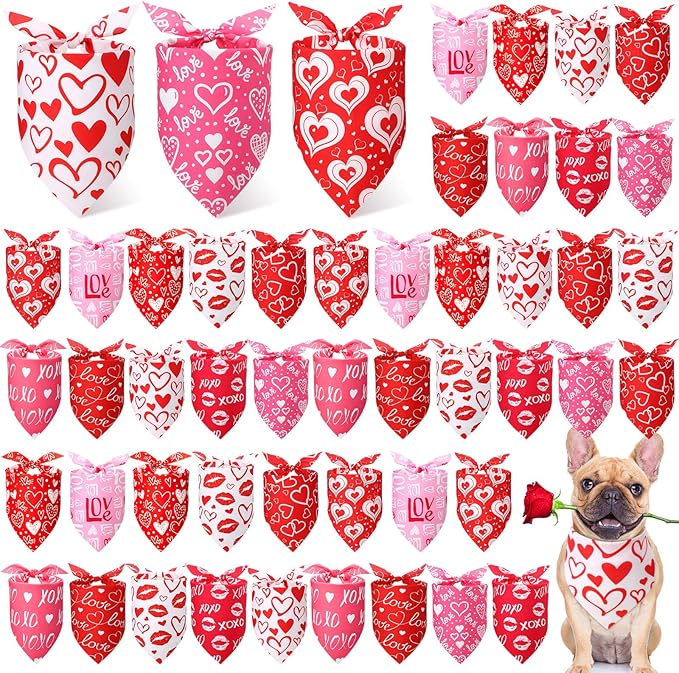 Weewooday 50 Pcs Dog Bandanas Bulk for Dogs Soft Bibs Adjustable Triangle pet Bandana for Small Medium Large Costume(Heart Pattern,25.6 x 17.7 x 17.7 Inch)
