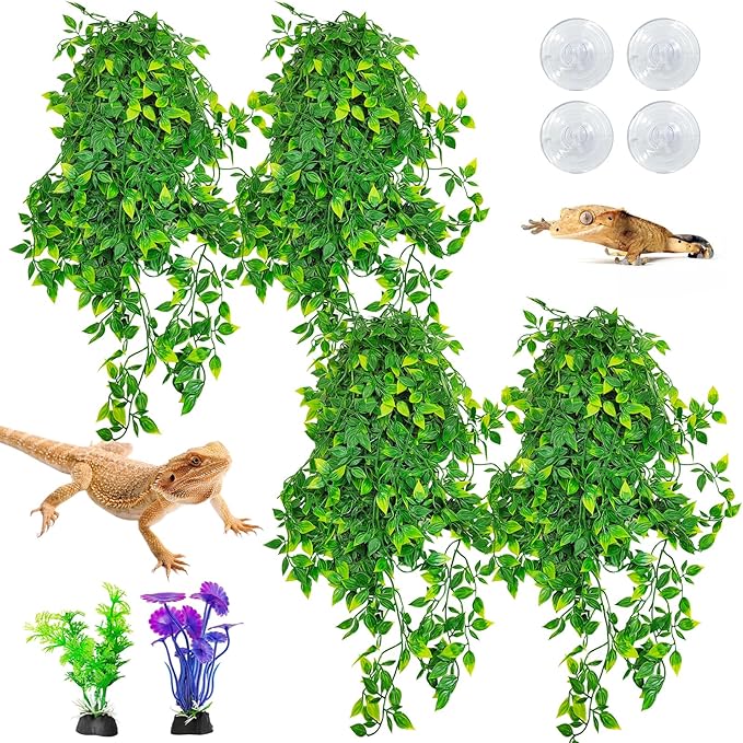 Hamiledyi Reptile Plants, 4 Pack Fake Amphibian Plants, Artificial Leaves Habitat Decorations with Suction Cup for Bearded Dragon Lizard Geckos Chameleon