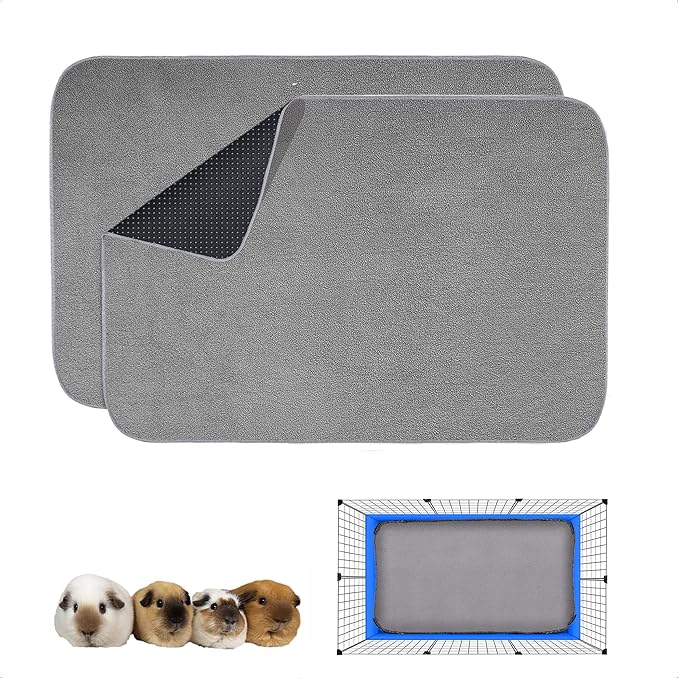 Guinea Pig Cage Liner, 2 Pack - Washable, Reusable, Leakproof Fleece Bedding Pads for Small Animals with Anti-Slip Bottom - for C&C 2X3 Area, Gray