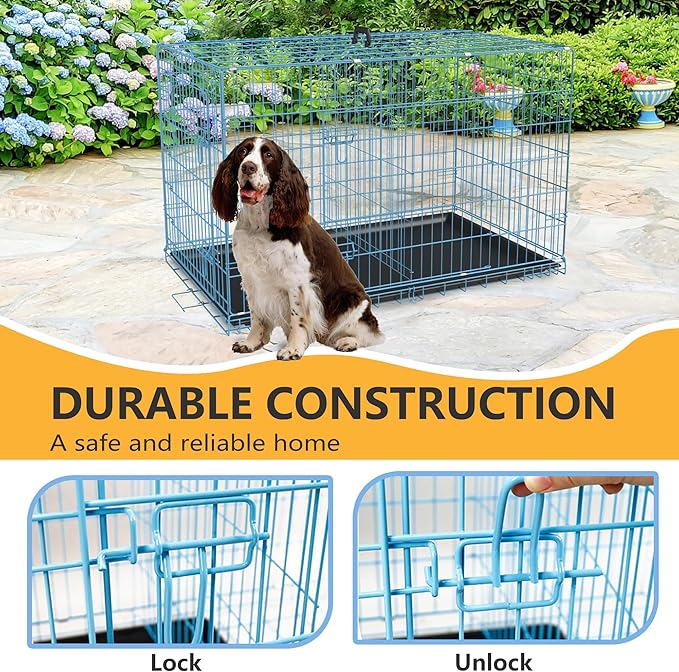 FDW Dog Crate for Medium Dogs 36 Inch Folding Metal WirePet Cage Double Door W/Divider Panel Indoor Outdoor Kennel Leak-Proof Plastic Tray,Blue
