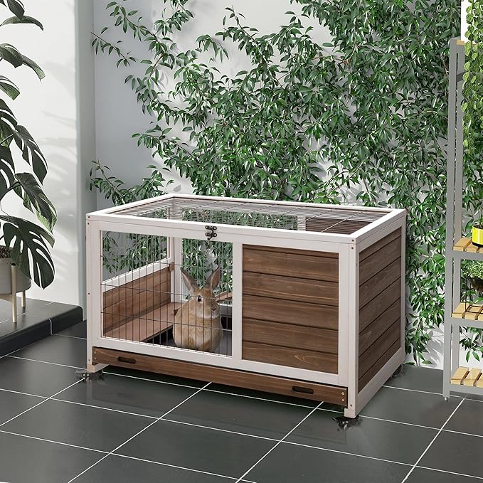 PawHut Wooden Rabbit Hutch Indoor Outdoor, Elevated Bunny Cage with No Leak Tray Enclosed Run with Wheels, Ideal for Guinea Pigs and Small Animals, Brown
