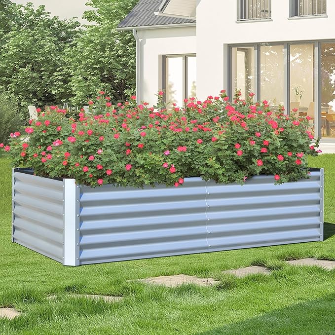 Domi Raised Garden Beds Outdoor, 6x3x1.5Ft Thickening Tall Metal Rectangular Deep Root Box Planter for Vegetables, Flowers, Herbs, and Succulents 1.5" Deep w/ 192 Gallon Capacity - Silvery