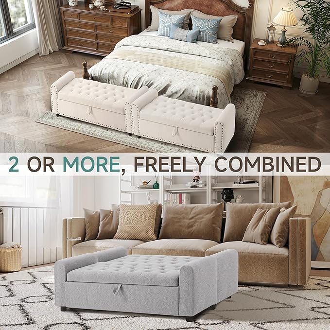 Ottoman with Storage, Tufted Storage Bench for Bedroom, 48" Fabrics End of Bed Bench, Upholstered Entryway Shoe Benches with Rolled Arm & Inner Zipper, Window Ottomans Chest without Rivets, Light Grey
