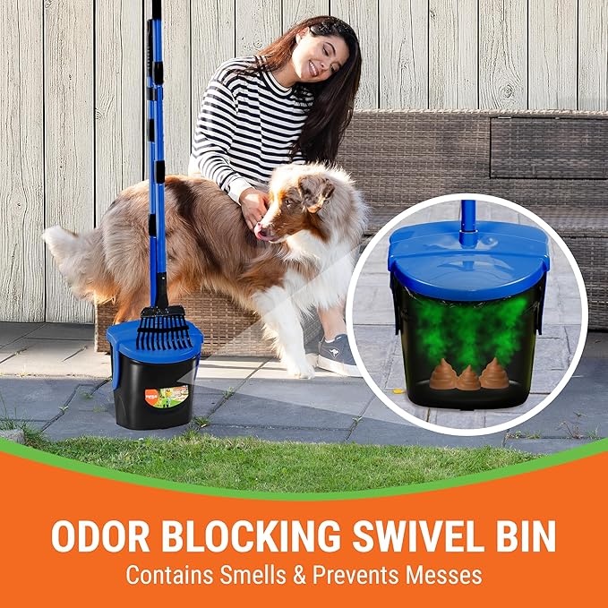 Dog Pooper Scooper with Bag Attachment, 40" Long Handle Pooper Scooper for Large Dogs, Dog Poop Scoop for Yard, Large Capacity Swivel Bin and Rake, Lavender Scented Bags (Blue)