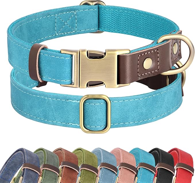 Didog Soft PU Leather Dog Collar for Large Dogs,Classic Adjustable Dog Collars with Quick Release Metal Buckle,Easy Clean and Comfortable with Nylon Lining,Light Blue,L Neck 15-23"