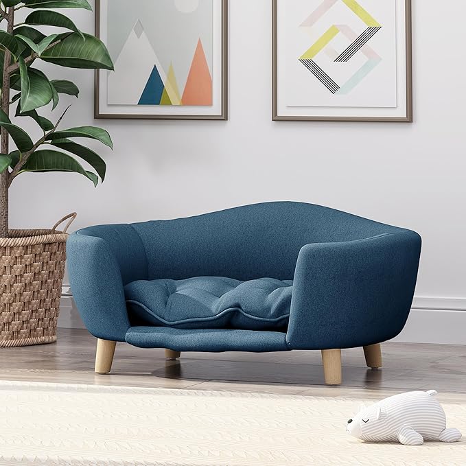 Christopher Knight Home Elroy Orthopedic Dog Bed, Elevated Dog Sofa Bed for Small Dog, Supportive Foam Pet Couch Bed with Wooden Legs, Modern Pet Sofa Bed, Navy Blue