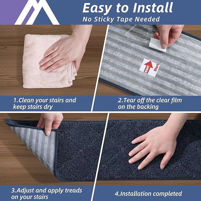 COSY HOMEER Edging Stair Treads Non-Slip Carpet Mat 28inX9in Indoor Stair Runners for Wooden Steps, Edging Stair Rugs for Kids and Dogs, 100% Polyester TPE Backing (7pc, Navy)