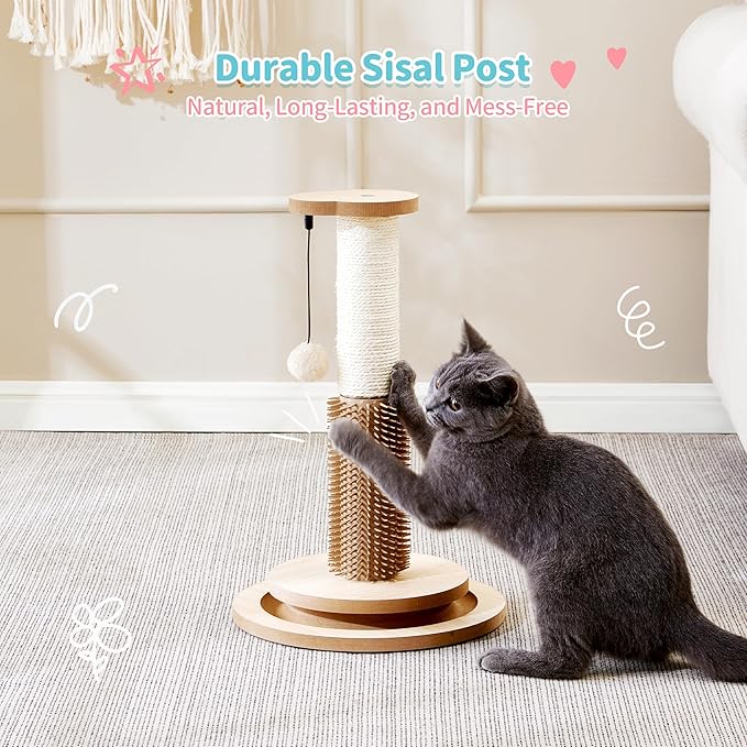 Made4Pets Cat Scratching Post 18" Tall for Small Kittens, 4-in-1 Cat Scratcher with Natural Sisal Ropes, Wooden Turntable Track Toy with Self Grooming Brush, Premium Scratch Pole with Plush Balls