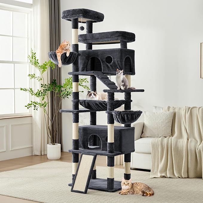 Cat Tree, 80-Inch Large Cat Tower with 9 Scratching Posts, 2 Perches, 2 Caves, 2 Basket, 2 Stairs, Extra Large Hammock, Pompoms, Multi-Level Plush Cat Condo for Indoor Cats/Smoky Grey