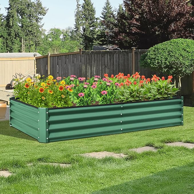 Domi Galvanized Raised Garden Bed, 8x4x1Ft Thickening Metal Planter Box for Vegetables Bottomless for Backyard Outdoor, 1" Deep w/ 228 Gallon Capacity - Green