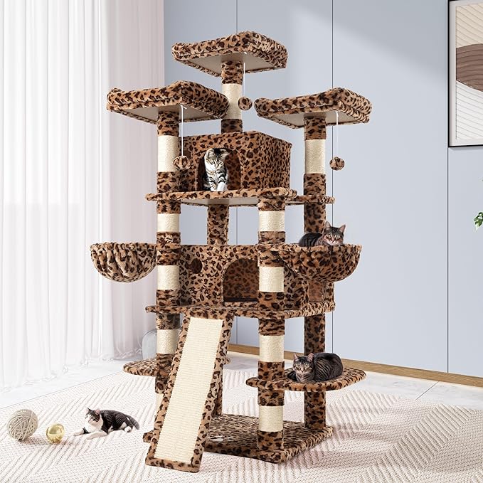 Allewie 68 Inches Cat Tree/House and Towers for Big Feline/Scratching Post/Multi-Level Large Kitty Climbing Tree with Condo/Leopard Print