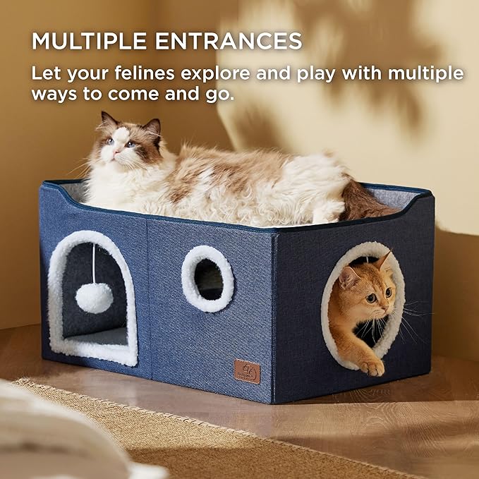 Bedsure Large Cat Beds for Indoor Cats - Extra Wide Cat Cube House for Small Pet with Fluffy Ball Hanging and Scratch Pad, Foldable Pet Cave Hideaway for Multiple Cats, 23.6x16.9x13 inches, Blue