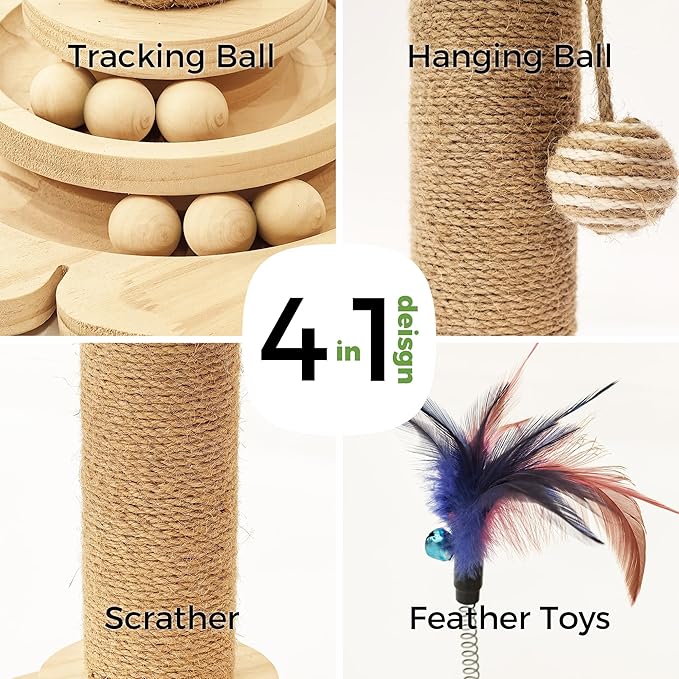 Cat Scratching Post, Cat Scratcher Toy for Indoor Cats, 17.3" Tall Scratch Post with 2-Layer Ball Tracks, Interactive Feather Toy and Sisal Hanging Ball, Banana Tree Cat Tower for Kittens