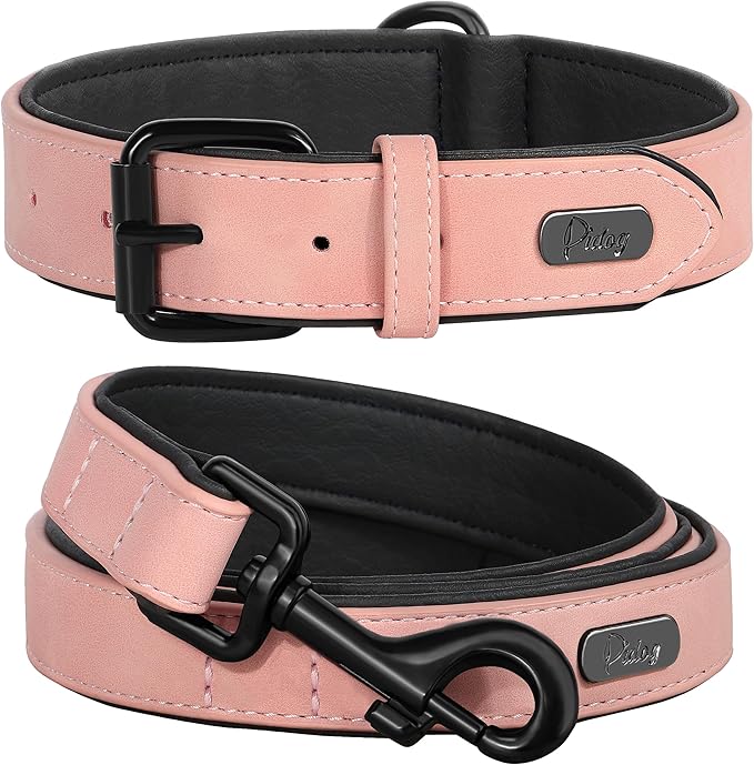 Didog Soft Padded Leather Dog Collar and Leash Set,Pink Breathable Pet Collars with 4FT PU Leather Dog Leash for Small Medium Large Dogs, Pink, M