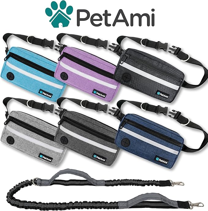 PetAmi Hands Free Dog Leash, Running Leash Belt for Walking, Jogging, Waist Zipper Pouch with Poop Bag Dispenser, Dual Padded Handles, Reflective Durable Bungee Single, Turquoise, 1