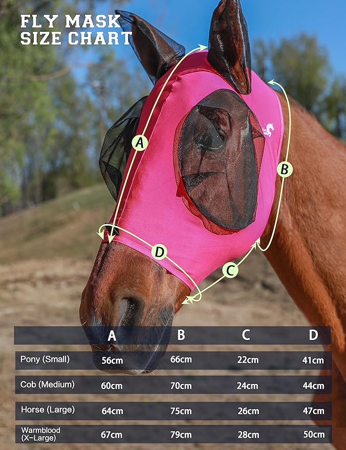Horse Fly Mask Generous&Fine Mesh Eye Covers and Ears Elasticity Mask Snug Fitting Comfortable Breathable Lightweight Equine Stretchy Protection for Horses Hot Pink Full Size