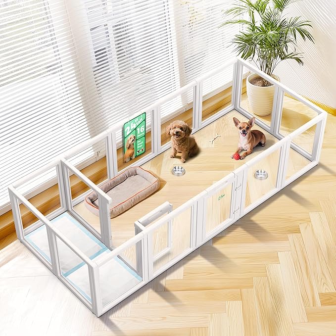 FXW AuraSpace Acrylic Indoor Unleashed Dog Playpen for Puppies and Small Dogs, 24 Inch, 16 Panels, White