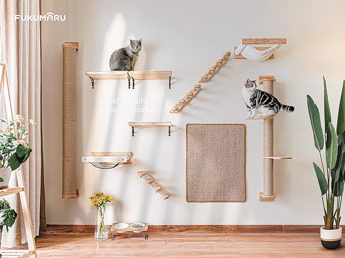 FUKUMARU Hammock Wall Mounted Cat Beds and Perches, Wooden Kitten Walls Furniture, Stable Cats Shelves for Sleeping, Playing, Climbing, and Lounging, Black Stripe