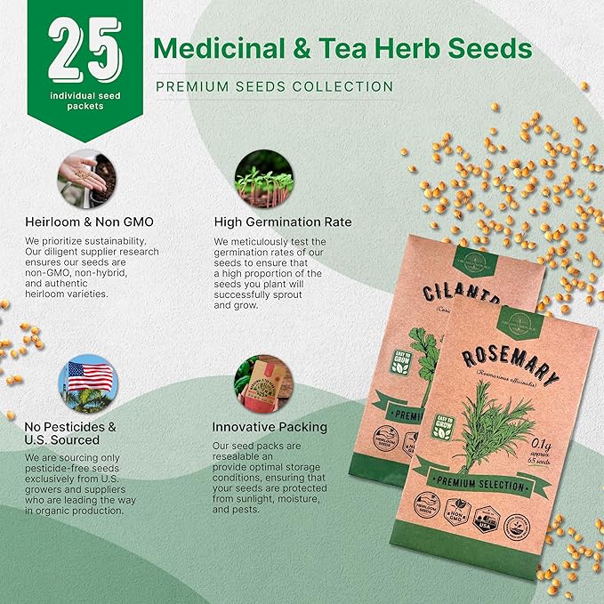 Organo Republic 25 Medicinal & Tea Herb Seeds Variety Pack for Indoor & Outdoors. 10900+ Non-GMO Heirloom Garden Seeds: Anise, Borage, Cilantro, Chamomile, Dandelion, Rosemary, Peppermint Seeds