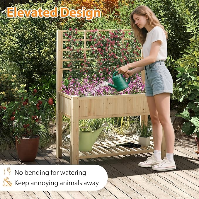 Giantex Raised Garden Bed with Trellis, Wooden Elevated Planter Box with Legs, Drainage Holes for Climbing Plants Vines Vegetables Flowers Herbs, Outdoor Horticulture Planter for Patio Yard