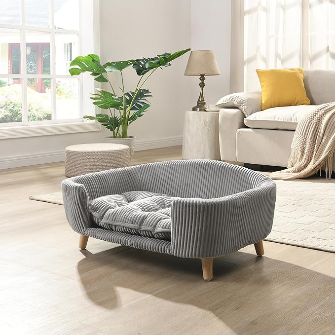 Christopher Knight Home Elroy Orthopedic Dog Bed, Elevated Dog Sofa Bed for Small Dog, Supportive Foam Pet Couch Bed with Wooden Legs, Modern Pet Sofa Bed, Gray