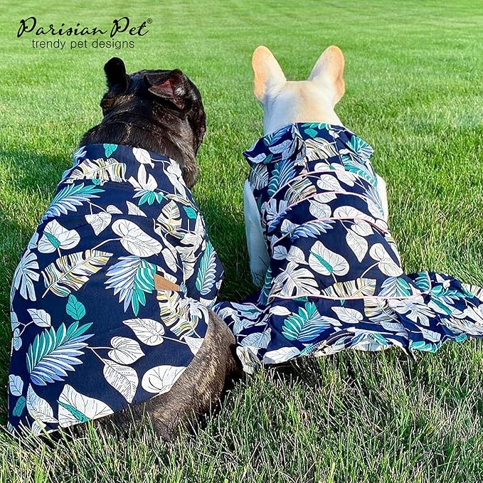 Parisian Pet Palm Leaves Dog Shirt - 100%Cotton Summer Clothes - Stylish Beach Outfit - Hook and Loop Closure - Machine Washable - 2XL