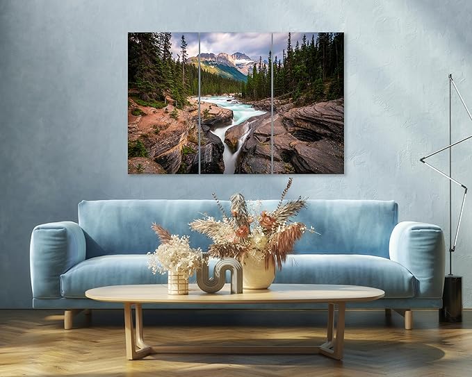 Nature Wall Art Prints - Ocean Forest Mountain Lake Canvas Landscapes - Small to Extra Large Living Room Bedroom Kitchen Bathroom Décor (Mountain River Waterfall, 47L" x 71W" - 3 panels)