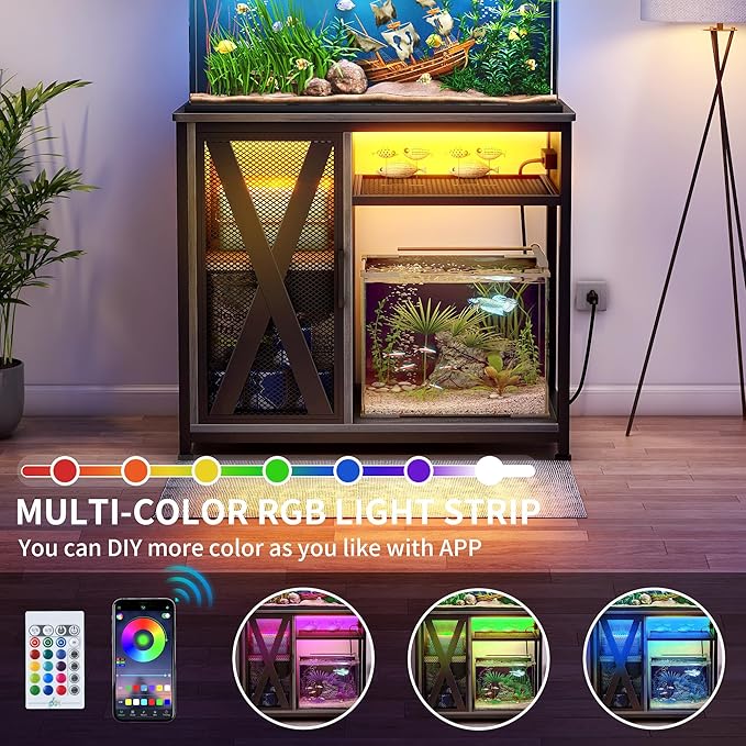 DWVO 40-50 Gallon Aquarium Stand with Power Outlets & LED Light, Cabinet for Fish Tank Accessories Storage - Metal Fish Tank Stand Suitable for Turtle, Reptile Terrarium, 660LBS Capacity, Grey