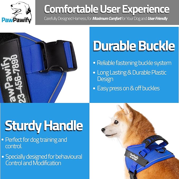 PawPawify Custom No Pull Dog Harness with Name and Phone Number, Heavy Duty Personalized Pet Vest to Prevent Tugging, Pulling, or Choking, Training and Walking (New Blue, S (10-19LBS))