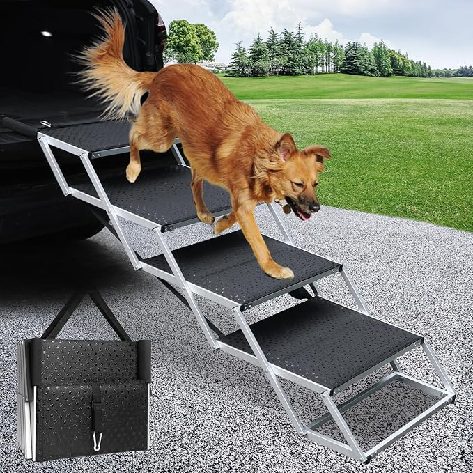 DGSL Dog Ramp for Car, 4-Step Folding Dog Stairs, Aluminum, Black, Supports Up to 250 Lbs