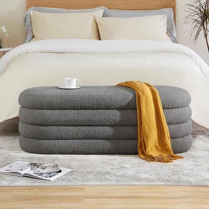 Storage Ottoman Bench 49.2 Inch Upholstered Fabric Storage Bench for Bedroom End of Bed Aesthetic Large Oval Ottoman for Living Room(Grey)