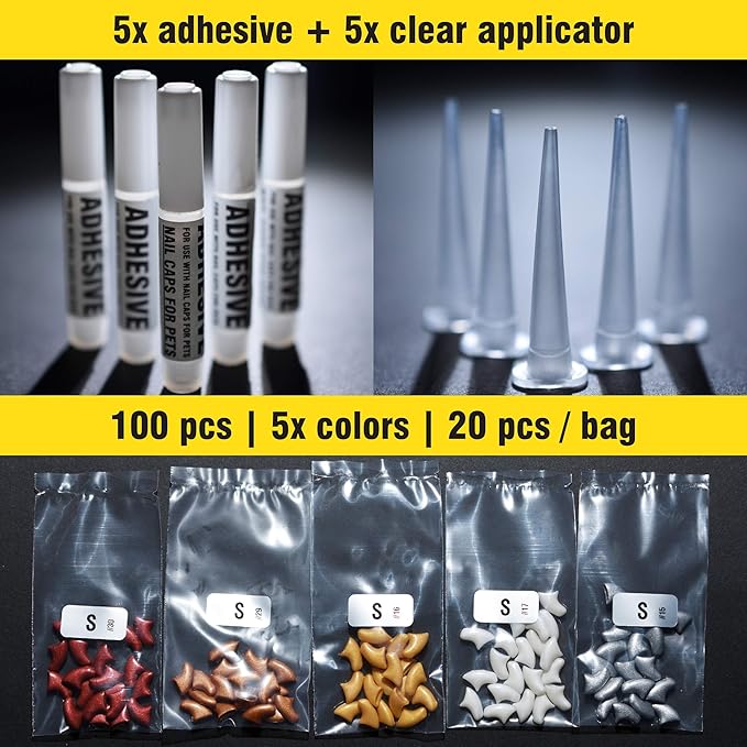 zetpo 100 pcs Cat Nail Caps | Cat Claw Covers | with Adhesives and Applicators (S, Metal Red, Bronze, Gold, Silver, Pearl White)