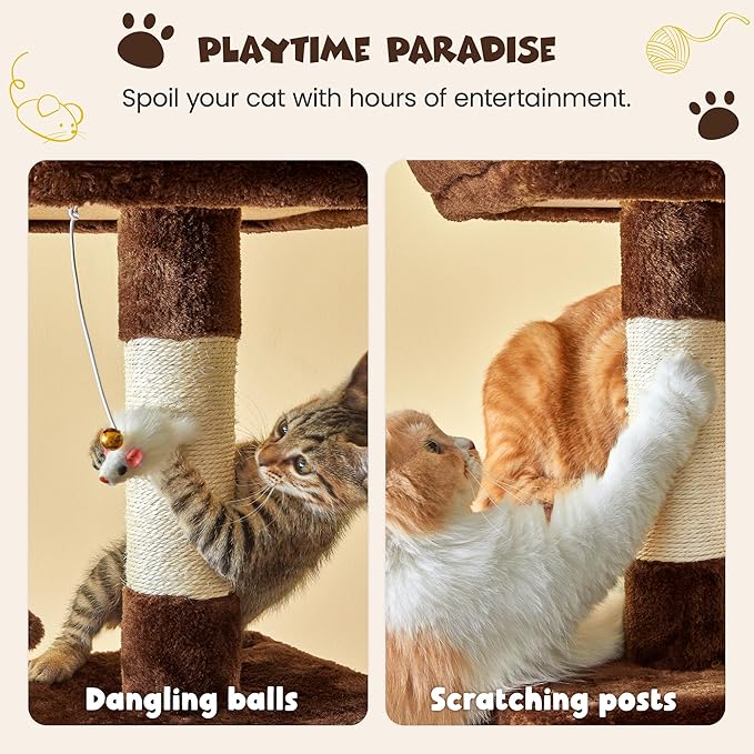 MWPO 63.8 inches Multi-Level Cat Tree for Large Cats with Sisal-Covered Scratching Posts, Padded Platform, Hammock and Condo,Stable Cat Tower Cat Condo Pet Play House (Brown)