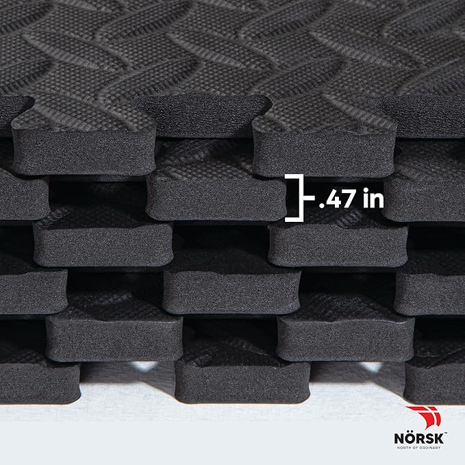 Norsk Foam Floor Gym Mats with Interlocking Tiles, .47" Thick, 24"x24", 24-Pack, 96 Square Feet, Diamond Plate Design, Black
