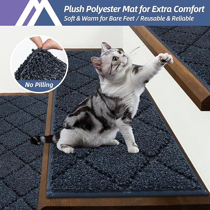 COSY HOMEER Edging Stair Treads Non-Slip Carpet Mat 28inX9in Indoor Stair Runners for Wooden Steps, Edging Stair Rugs for Kids and Dogs, 100% Polyester TPE Backing (7pc, Navy)