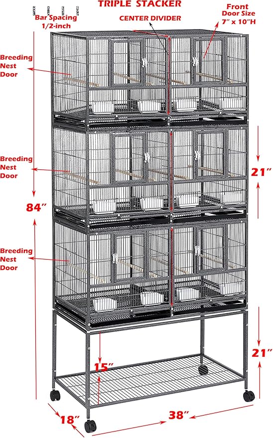 Combo Breeding Stacker Center Divided Breeder Bird Flight Double Rolling Cage with Side Breeding Nest Door (Black Vein, Triple Stack)