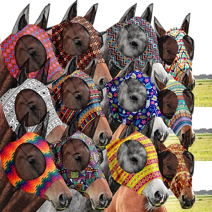 Qualirey12 Pieces Horse Fly Mask Bulk Comfortable Elasticity Mask for Horses with Ears Net UV Protection Breathable Horse Supplies Face Covering for Horse Pony and Foal (Geometric Patterns, Medium)