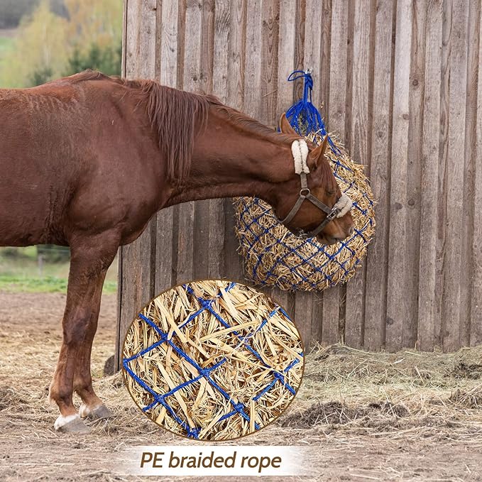 Fabbay 4 Pcs Slow Feed Hay Net Feeder Hay Bag for Horses Slow Feeder 40 Inch Length with 2 Inch Holes Hanging Horse Feed Net for Goat Cattle Equine Stalls Barn Supplies(Blue)