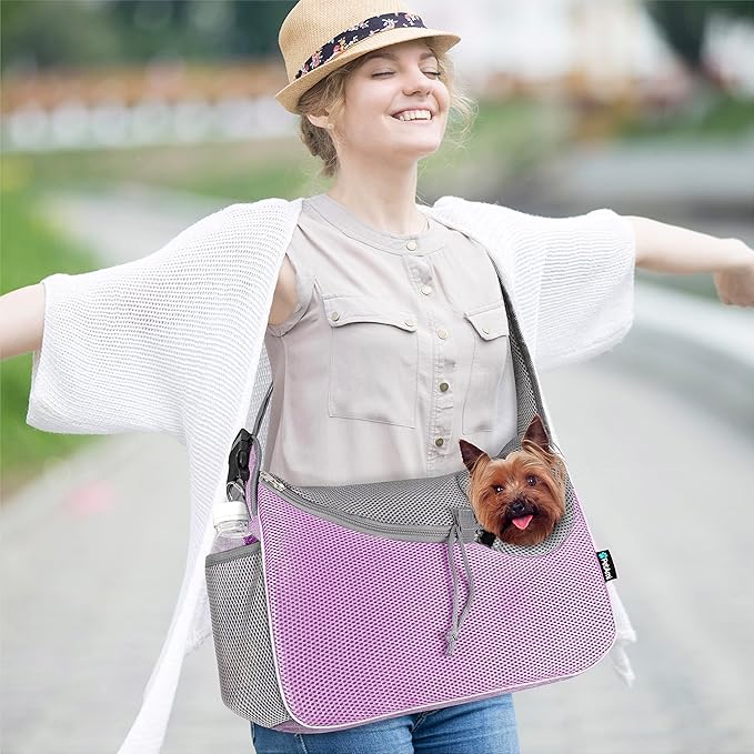 PetAmi Small Dog Sling Carrier, Soft-Sided Crossbody Puppy Carrying Purse Bag, Adjustable Sling Pet Pouch to Wear Medium Dog Cat Travel, Dog Bag for Traveling, Poop Bag Dispenser, Max 10 lbs, Purple