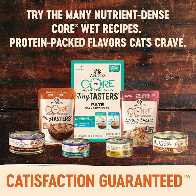 Wellness CORE Tiny Tasters Pate Adult Wet Cat Food, Natural, Protein-Rich, Grain Free, 1.75 Ounce Pouch, 12 Pack (Tuna)