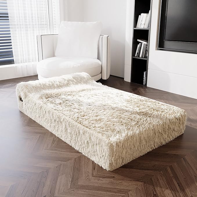 KOPEKS Orthopedic Memory Foam Dog Bed 7" Inch Thick Extra Large Dog Bed with Pillow Fluffy Brown 50"x34"x10" Includes Waterproof Liner & Durable Removable Cover with Smart Design