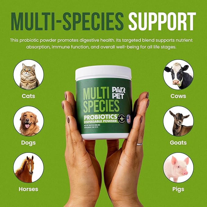 Pet Probiotics for Dogs, Cats, Horses, Goats, Cows & Pigs | Multi Species Dispersible Powder | Supplements for Digestive Health | Cat & Dog Probiotics | Vet Approved & Made in USA | 20 oz | Pair Pet