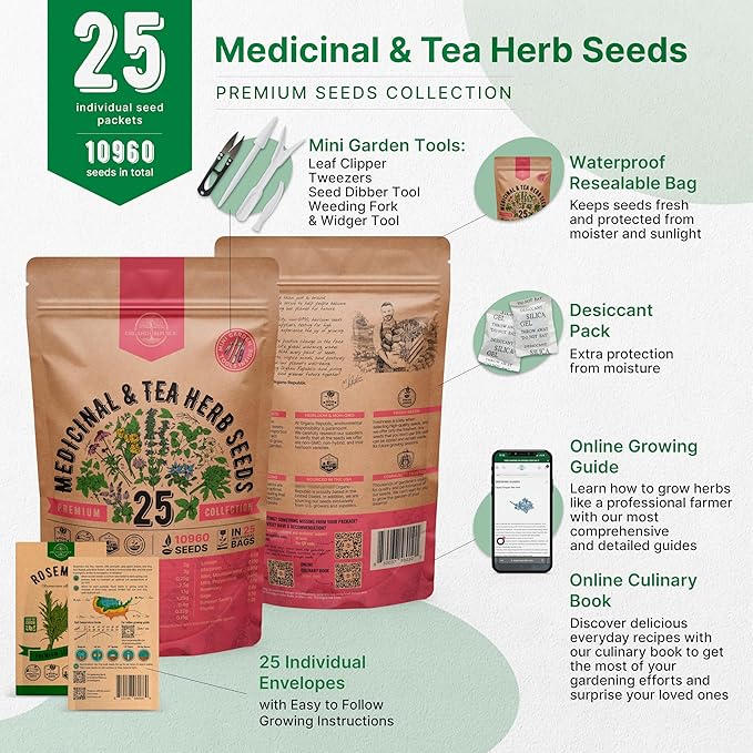 Organo Republic 25 Medicinal & Tea Herb Seeds Variety Pack for Indoor & Outdoors. 10900+ Non-GMO Heirloom Garden Seeds: Anise, Borage, Cilantro, Chamomile, Dandelion, Rosemary, Peppermint Seeds