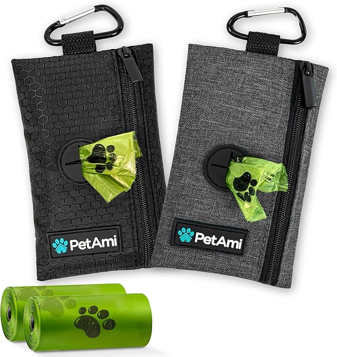 PetAmi Dog Poop Bag Holder for Leash, Dog Waste Bag Dispenser with Clip, Treat Pouch, Walking & Camping Accessories with Trash Bag Roll, Gray/Black 2 Pack