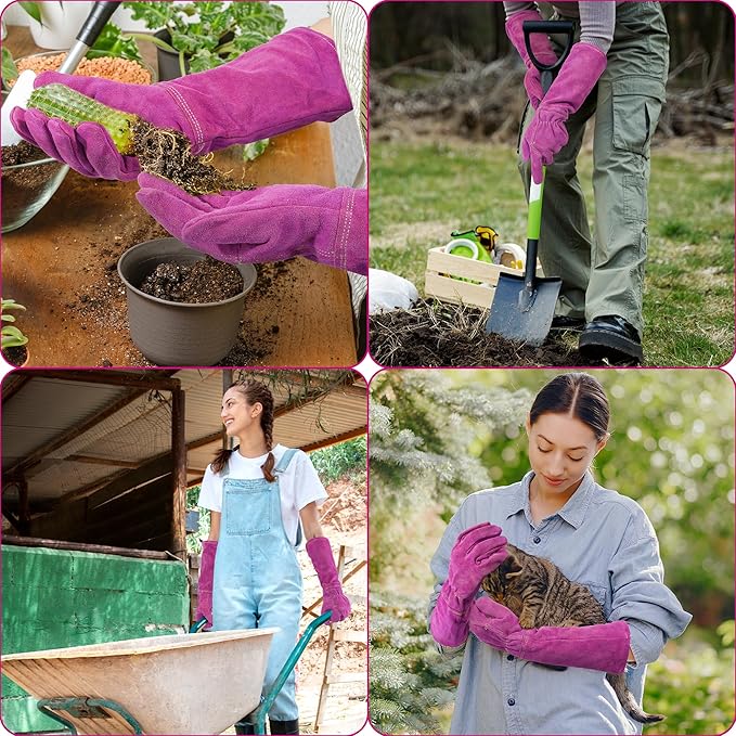 HANDLANDY Ladies Leather Gardening Gloves, Thorn Proof Women Rose Pruning Garden Yard Glove, Heavy Duty Long Sleeve Gloves (Small, Rosy)