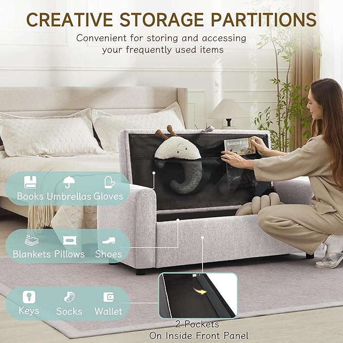 Ottoman with Storage, Tufted Storage Bench for Bedroom, 48" Fabrics End of Bed Bench, Upholstered Entryway Shoe Benches with Rolled Arm & Inner Zipper, Window Ottomans Chest without Rivets, Light Grey