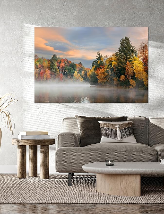 Nature Wall Art Prints - Ocean Forest Mountain Lake Canvas Landscapes - Small to Extra Large Living Room Bedroom Kitchen Bathroom Décor (Misty Fall Reflection, 20L" x 30W")