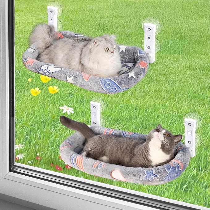 2 Pack Cat Window Perch, Glow in The Dark Foldable Cat Hammock with Cozy Pad Bed, Breathable Cordless Window Seat with Stud Metal Frame for Large Cats and Kitten (Cushion Bed, 2 Pack - L)